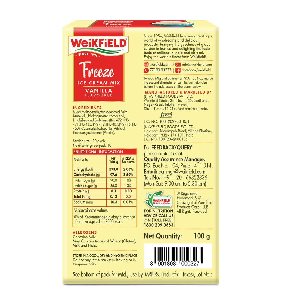 Weikfield Freeze Ice-cream Mix Powder | Vanilla Flavor | Vegetarian | Carton