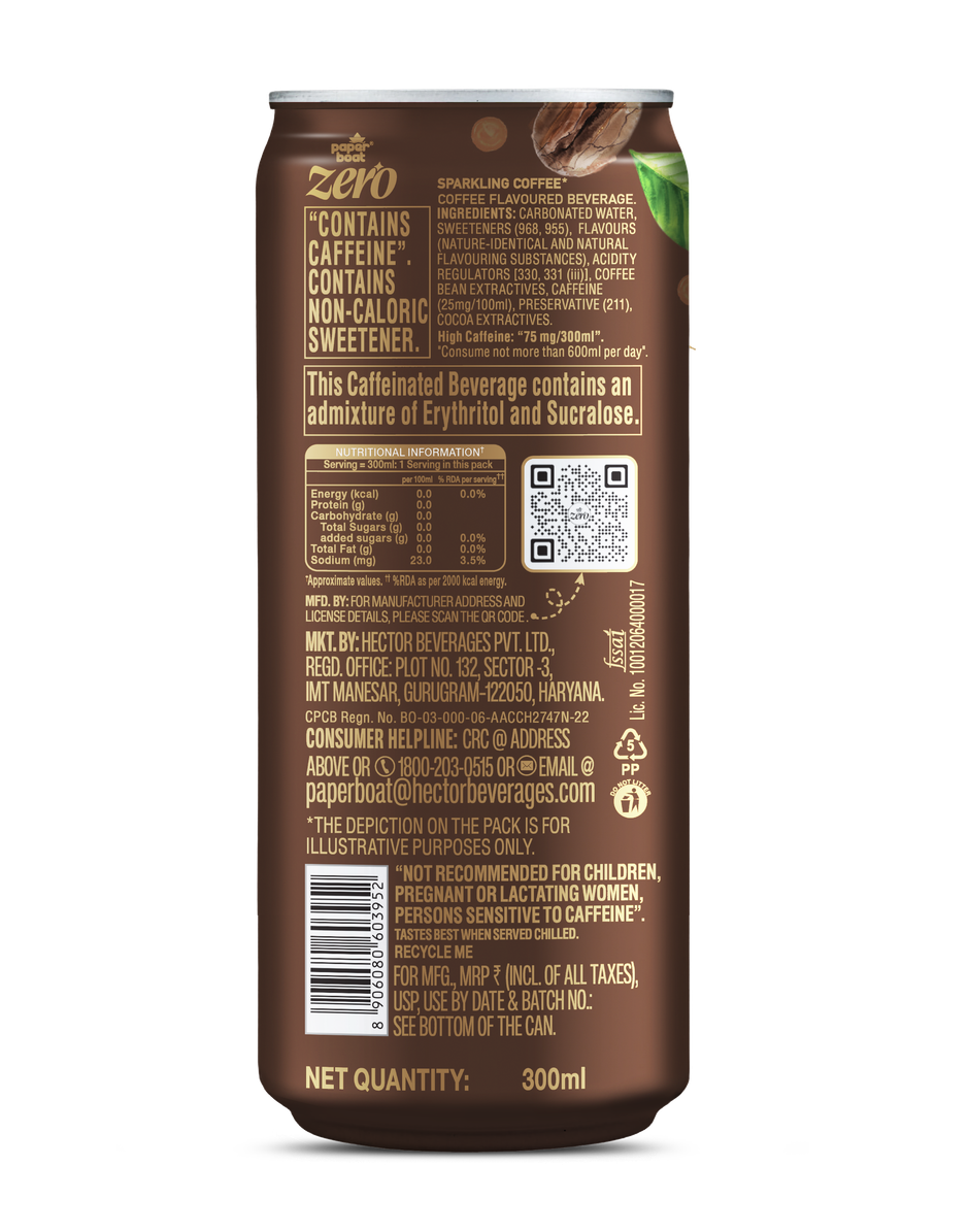 Paper Boat Zero Sugar Sparkling Coffee Dark Roast, Zero Calorie Caffeinated Drink CAN