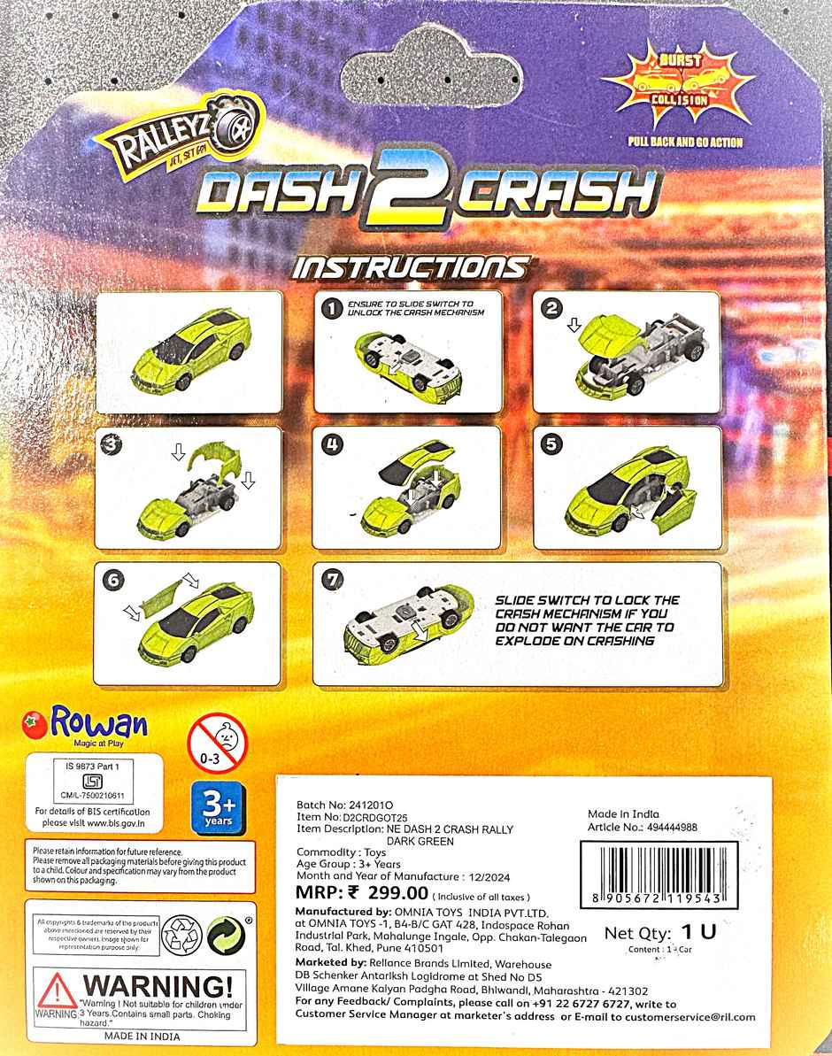 Ralleyz Dash 2 Crash Pull Back & Go Action Car | Dark Green | 3Y+