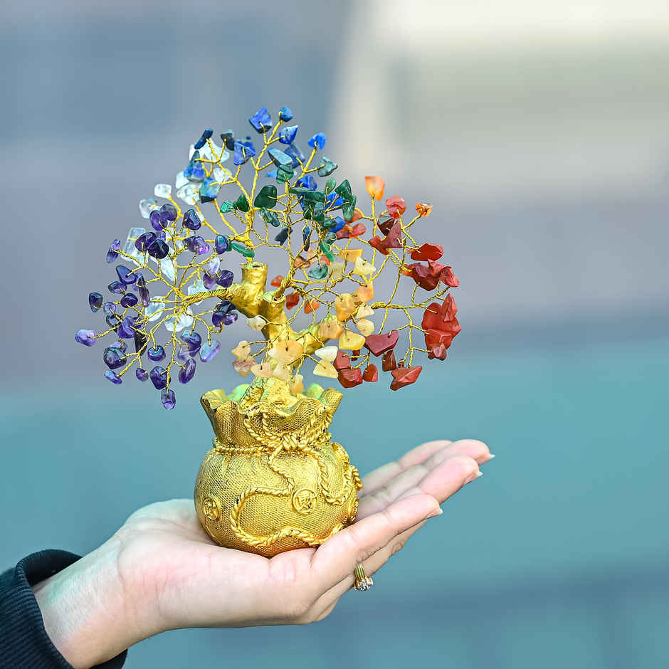 HINDCRAFT 7 Chakra Healing Crystal Bonsai Tree of Life with Golden Abundance Base