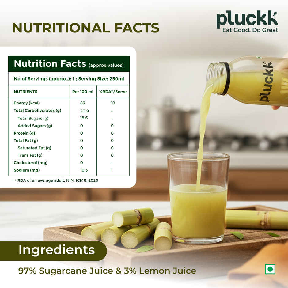 Pluckk Cold-Pressed Sugarcane Juice | No Added Sugar | No Preservatives | Helps Digestive Support