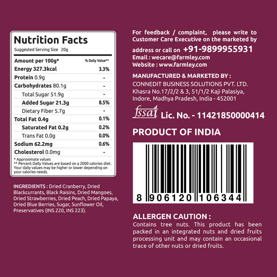Farmley Mix Dried Berries- Cranberries, Blueberries, Strawberries, Black Raisins, Peach & More