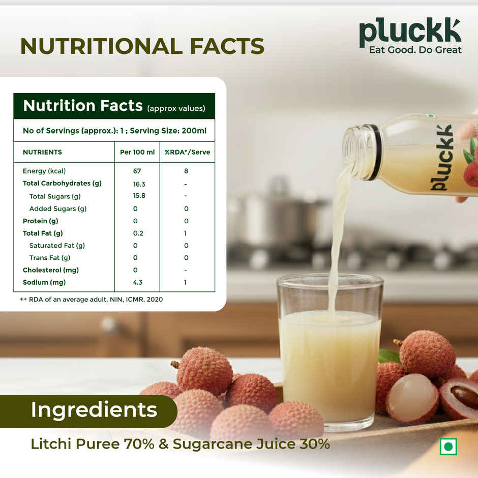 Pluckk Cold-Pressed Litchi Fruit Juice | No Added Sugar | No Preservatives | Rich in Potassium