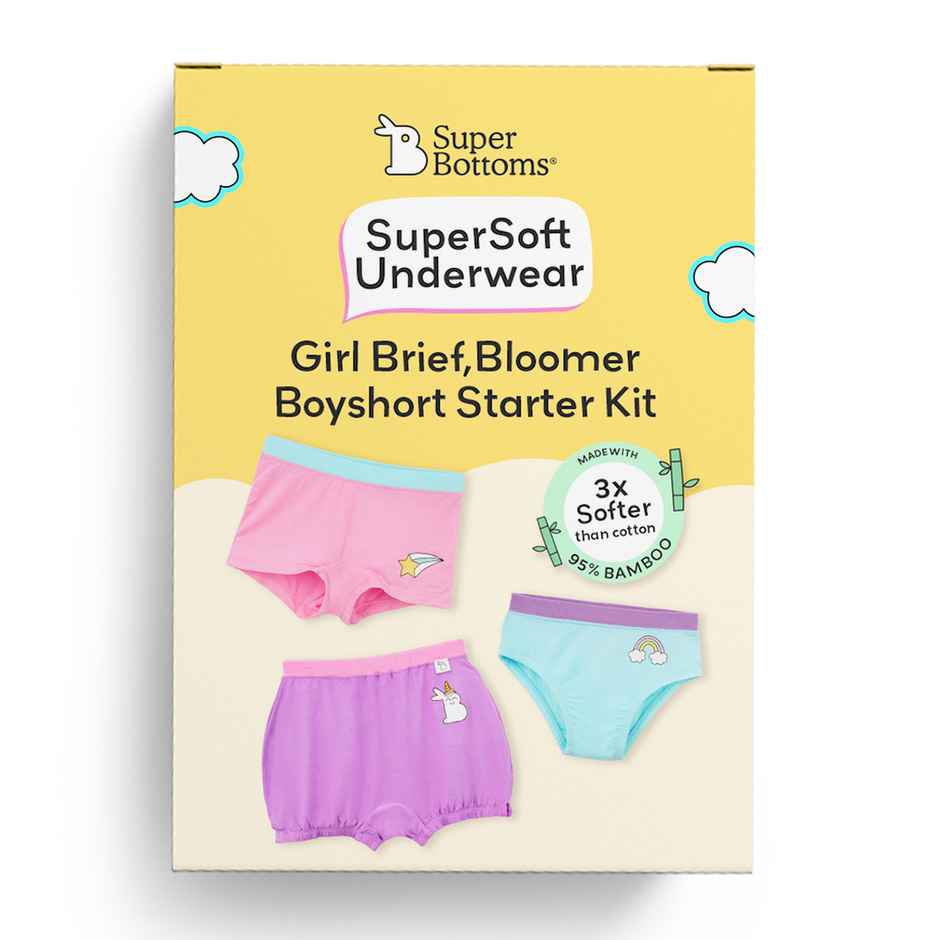 SuperBottoms SuperSoft Girls Bloomer, Brief & Boyshorts | Assorted l 3X Softer, 6Y - 8Y | Pack of 3