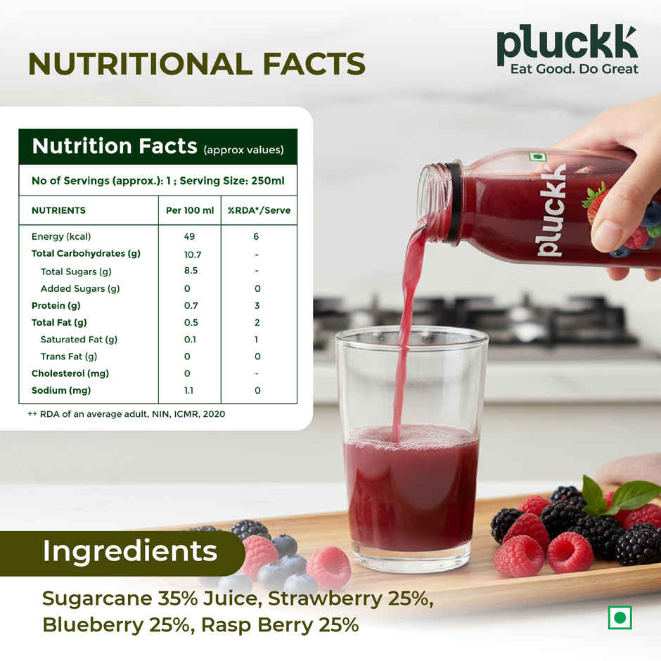 Pluckk Cold Pressed Extracted Mixed Berries Juice | No Preservatives | No Added Sugar