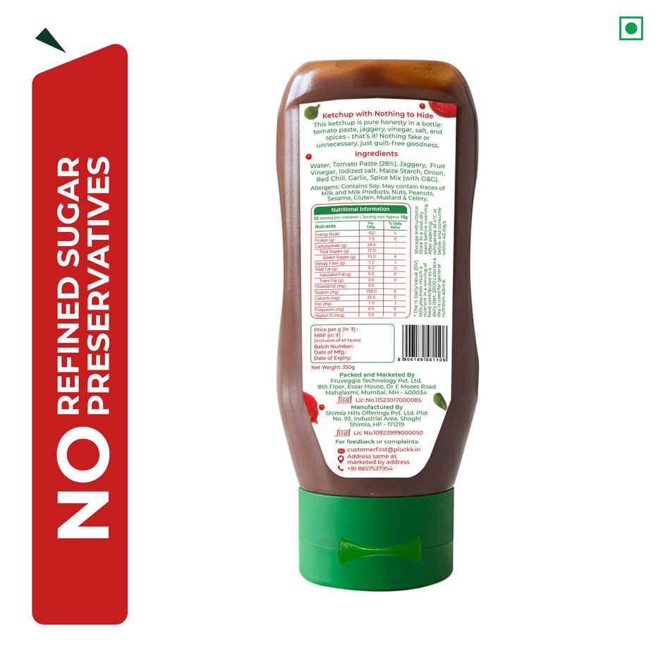 Pluckk Guilt-Free Tomato Ketchup - No Refined Sugar, No Preservatives, No Artificial Thickeners