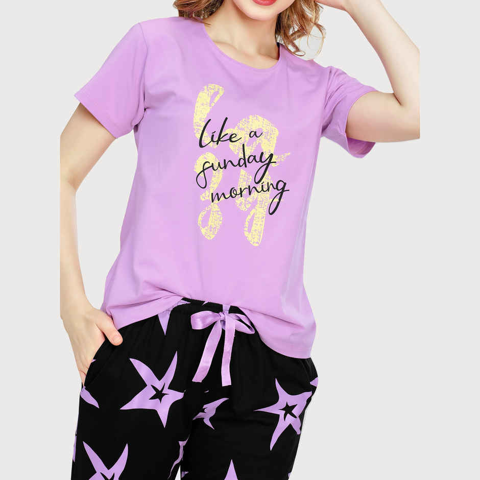 Zeyo Night Suit for Women Violet Star Printed Cotton Night Dress of Top & Pajama Set 5773-VT- L