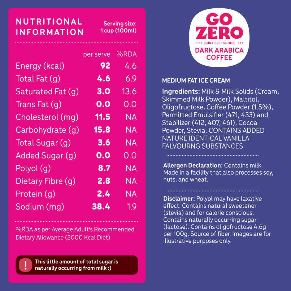 Go Zero Dark Arabica Coffee Guilt free Ice cream Cup