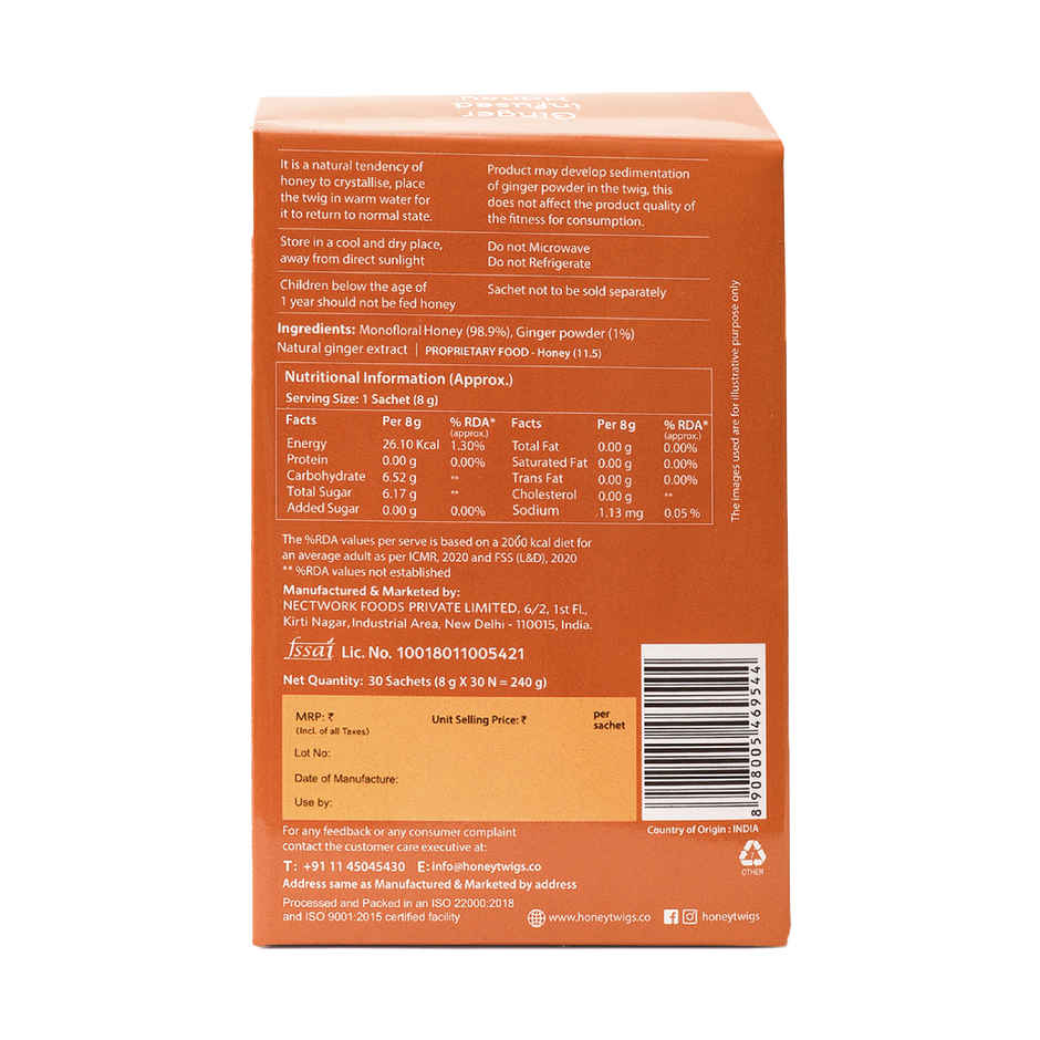 Honey Twigs Ginger Infused Honey | 30 Twigs Pack