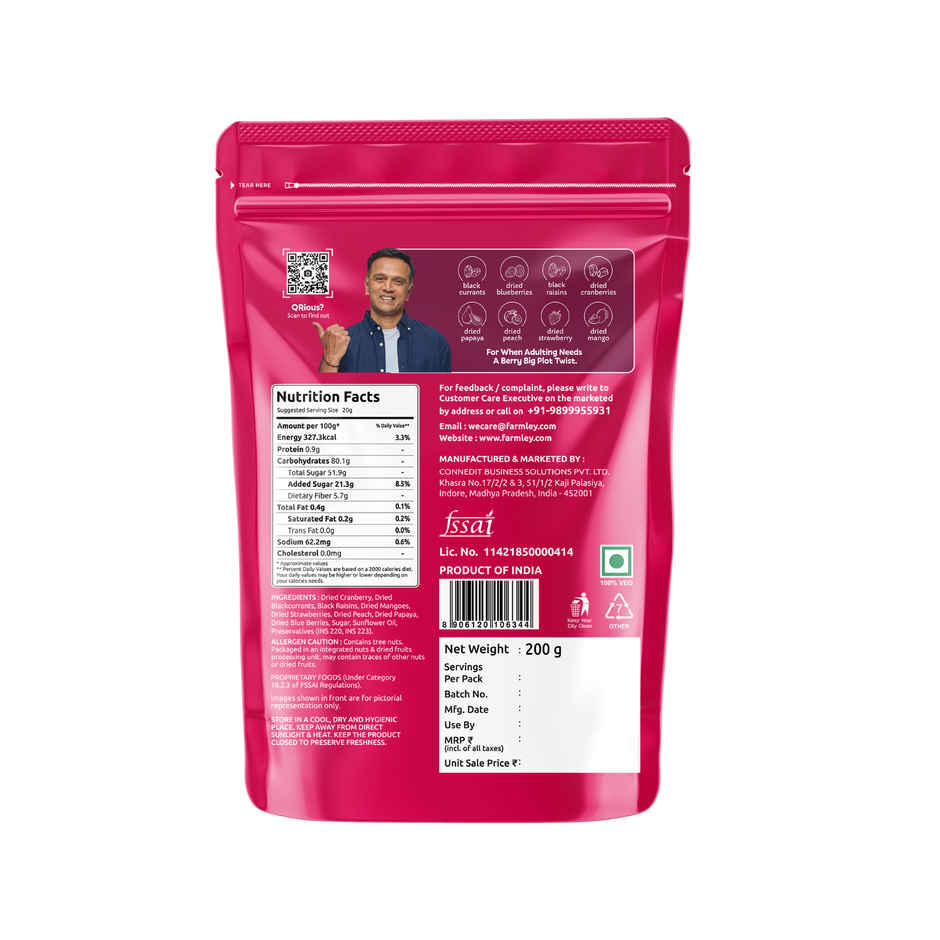 Farmley Mix Dried Berries- Cranberries, Blueberries, Strawberries, Black Raisins, Peach & More