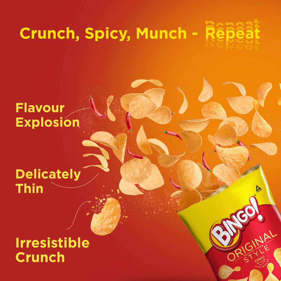 Bingo! Original Style Chilli Sprinkled - Flat Cut Spicy Potato Chips Pack for Snacks Combo    