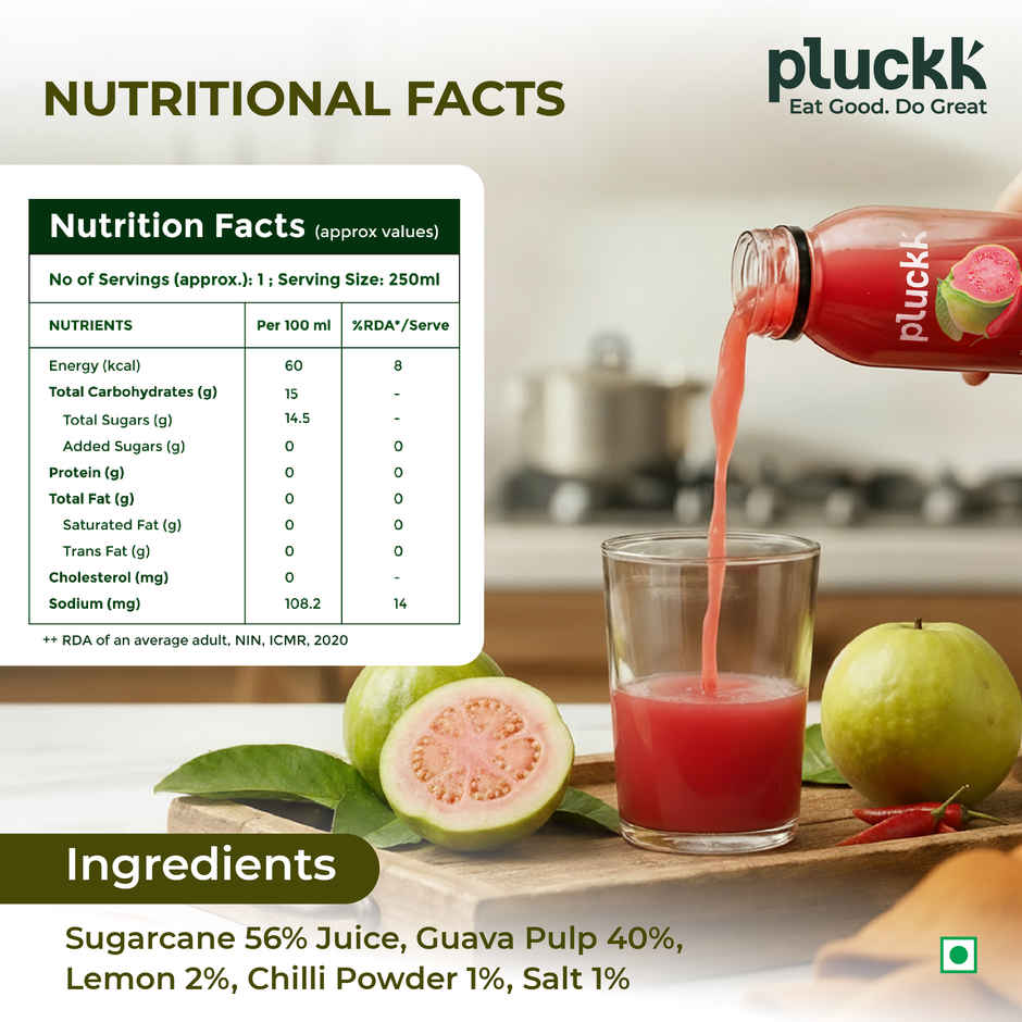 Pluckk Cold-Pressed Guava Fruit Juice | No Added Sugar | No Preservatives | Rich in Antioxidant