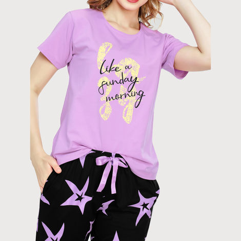 Zeyo Night Suit for Women Violet Star Printed Cotton Night Dress of Top & Pajama Set 5773-VT- L