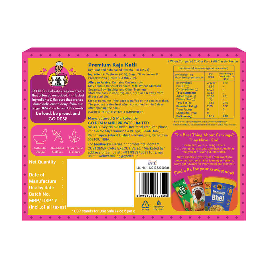 GO DESi Premium Kaju Katli | 61% Cahews | More Cashew, Less Sugar