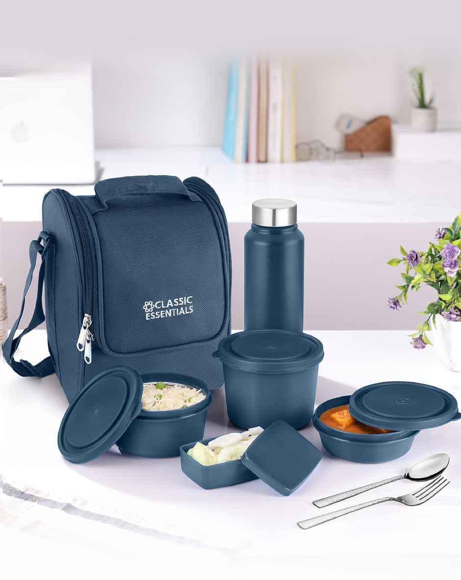 Classic Essentials Microwavable Insulated Lunch Box Set of 5 Bottle/Bag &Cutlery | 1250 ml Blue