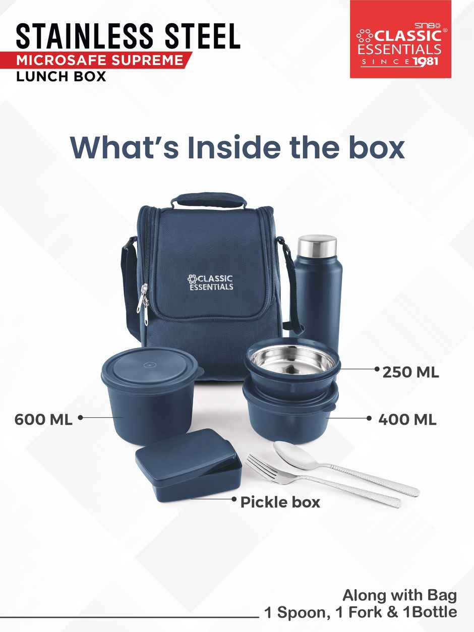 Classic Essentials Microwavable Insulated Lunch Box Set of 5 Bottle/Bag &Cutlery | 1250 ml Blue
