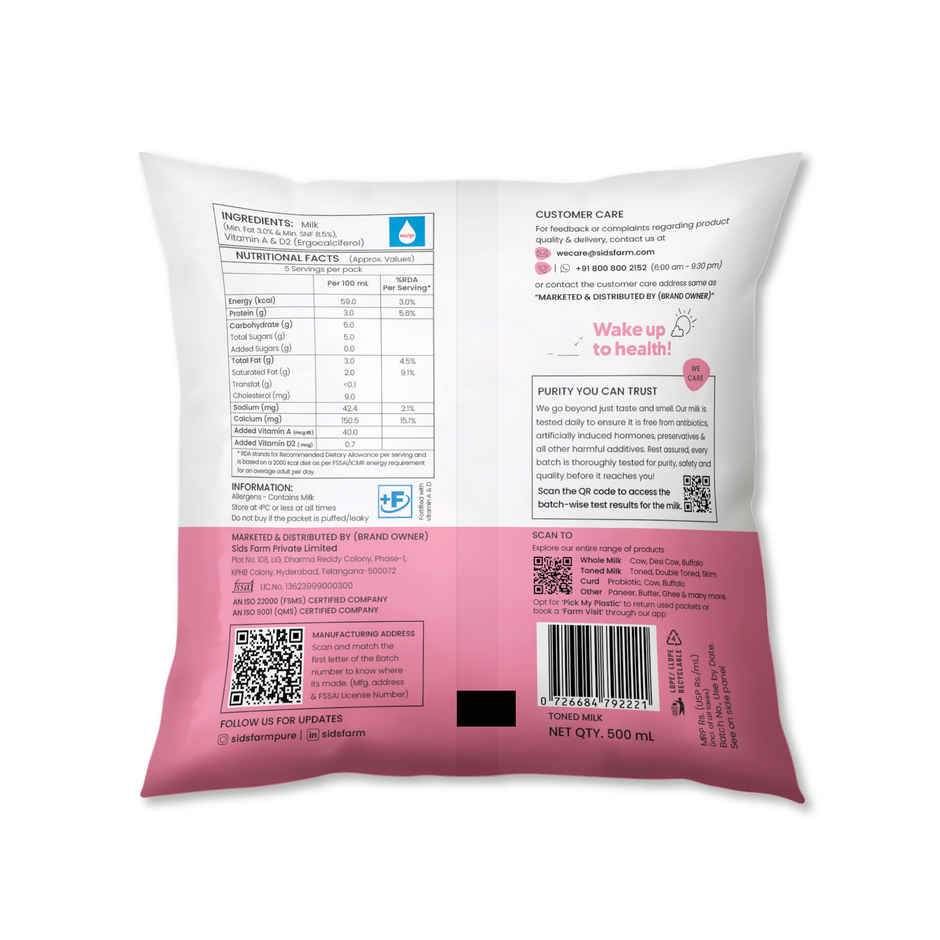 Sid's Farm Toned Fresh Milk | Pouch