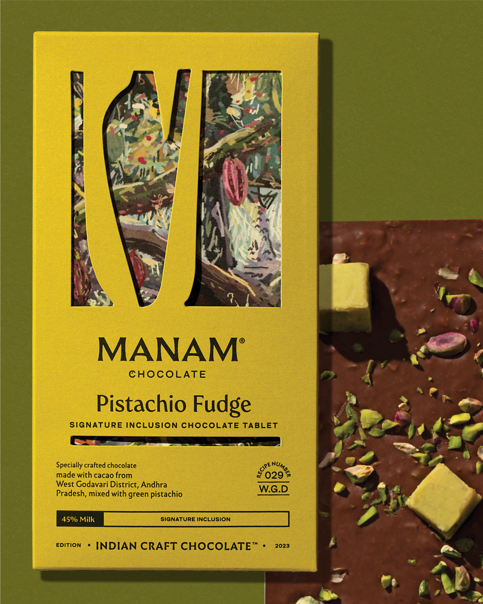 Manam Chocolate Pistachio Fudge Inclusion Tablet | 45% Milk
