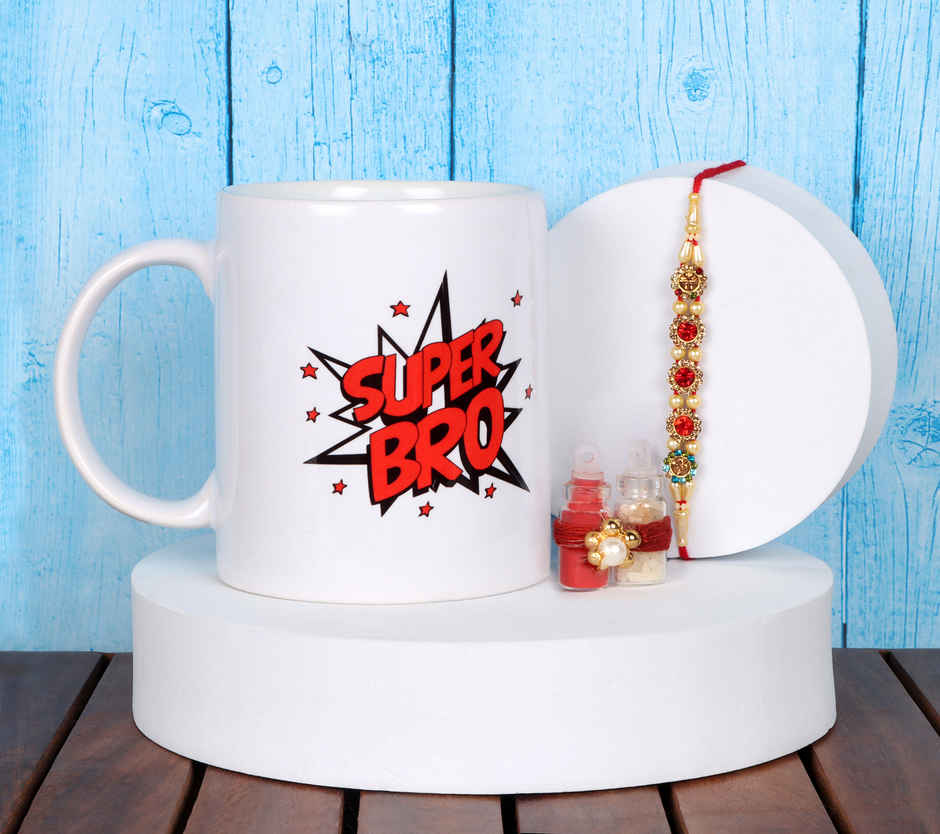 Quace Floral Rakhi and Super Bro Mug Gift Hamper