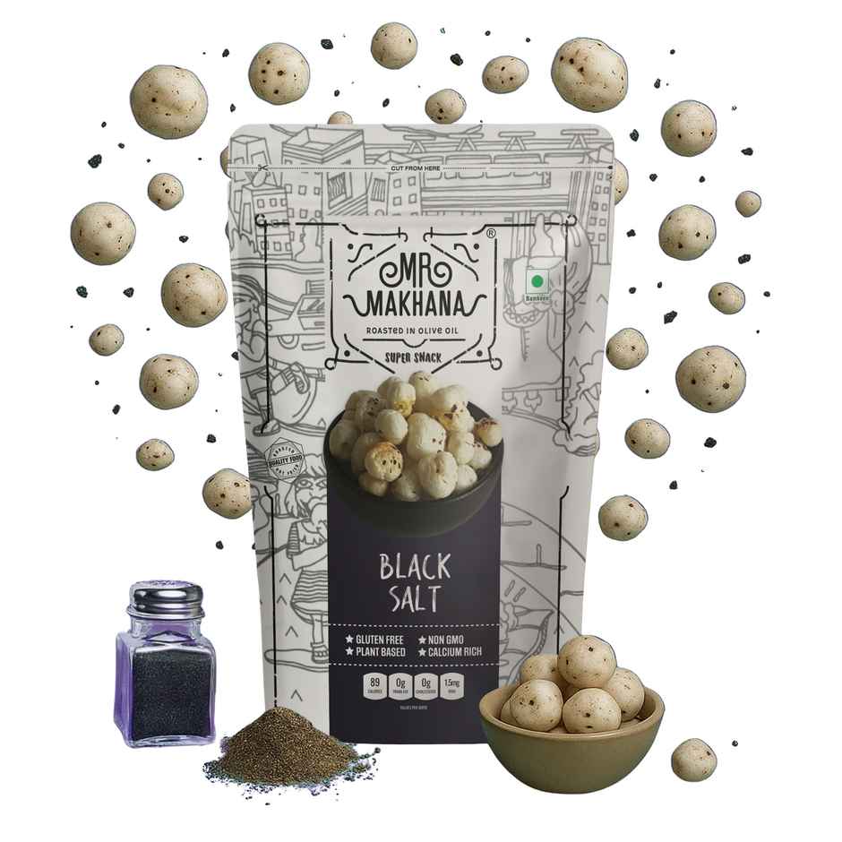 MR. MAKHANA Fox Nuts Black Salt - Delicious Teatime Snack, Popped Lotus Seeds, Roasted In Olive Oil