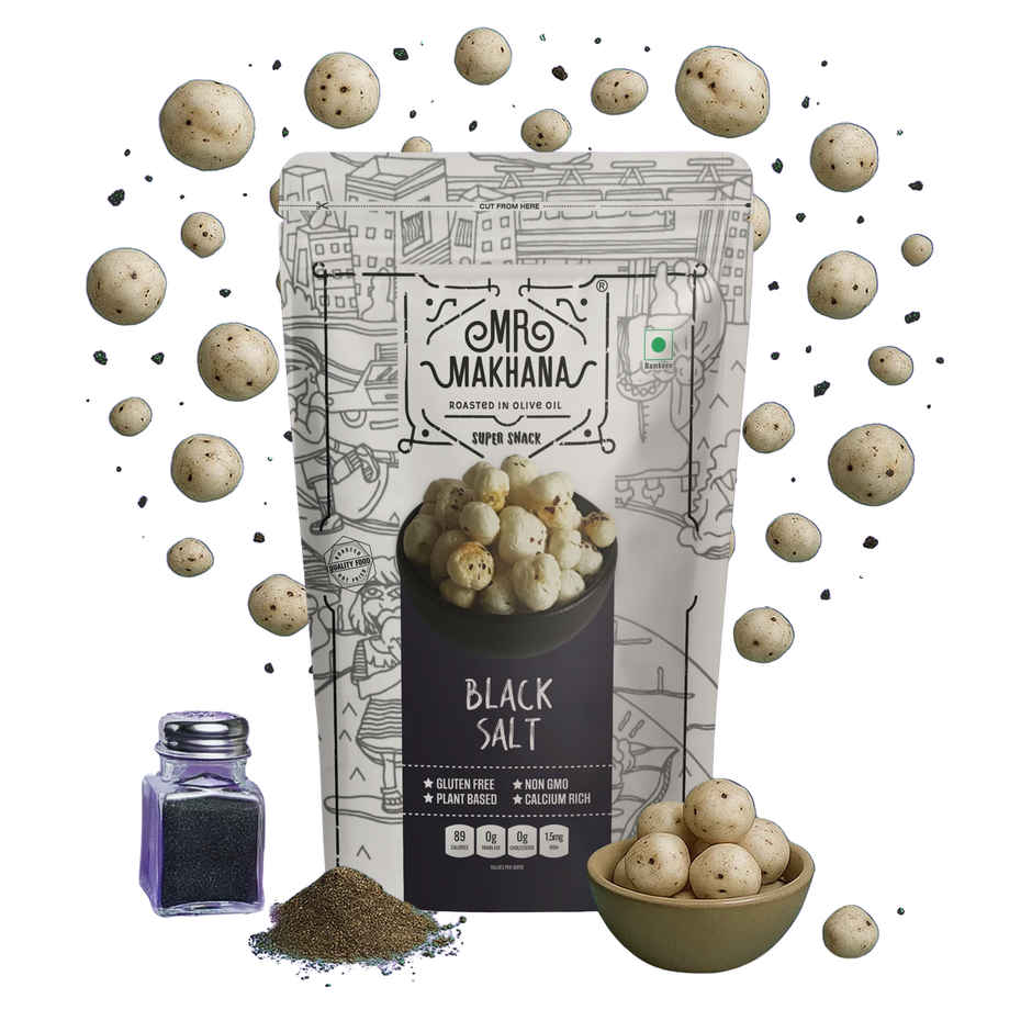 MR. MAKHANA Fox Nuts Black Salt - Delicious Teatime Snack, Popped Lotus Seeds, Roasted In Olive Oil
