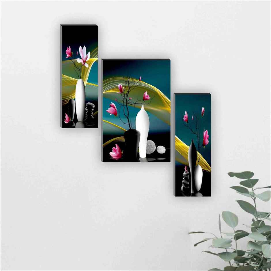 Saf Set Of 3 Floral Digital Reprint 12 Inch X 18 Inch Painting (With Frame, Pack Of 3)