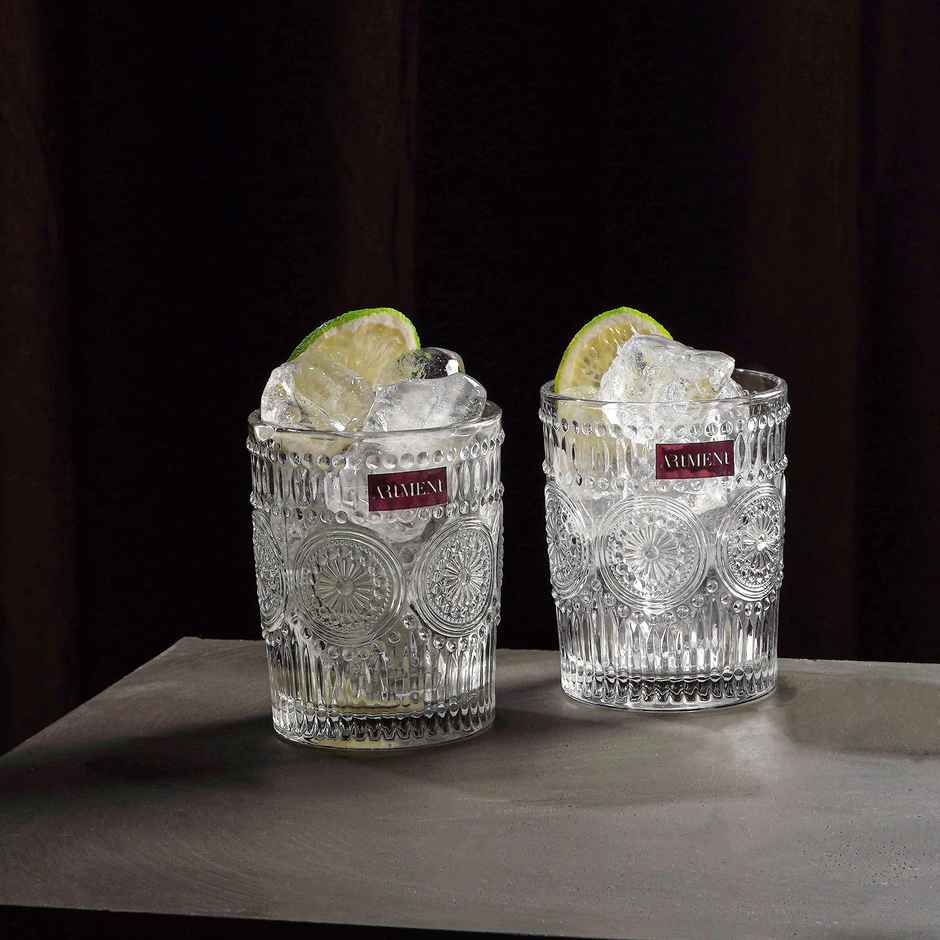 The Artment Modern Art Vintage Embossed Whisky, Juice, Water Glasses Set Of 4 (300 ml)