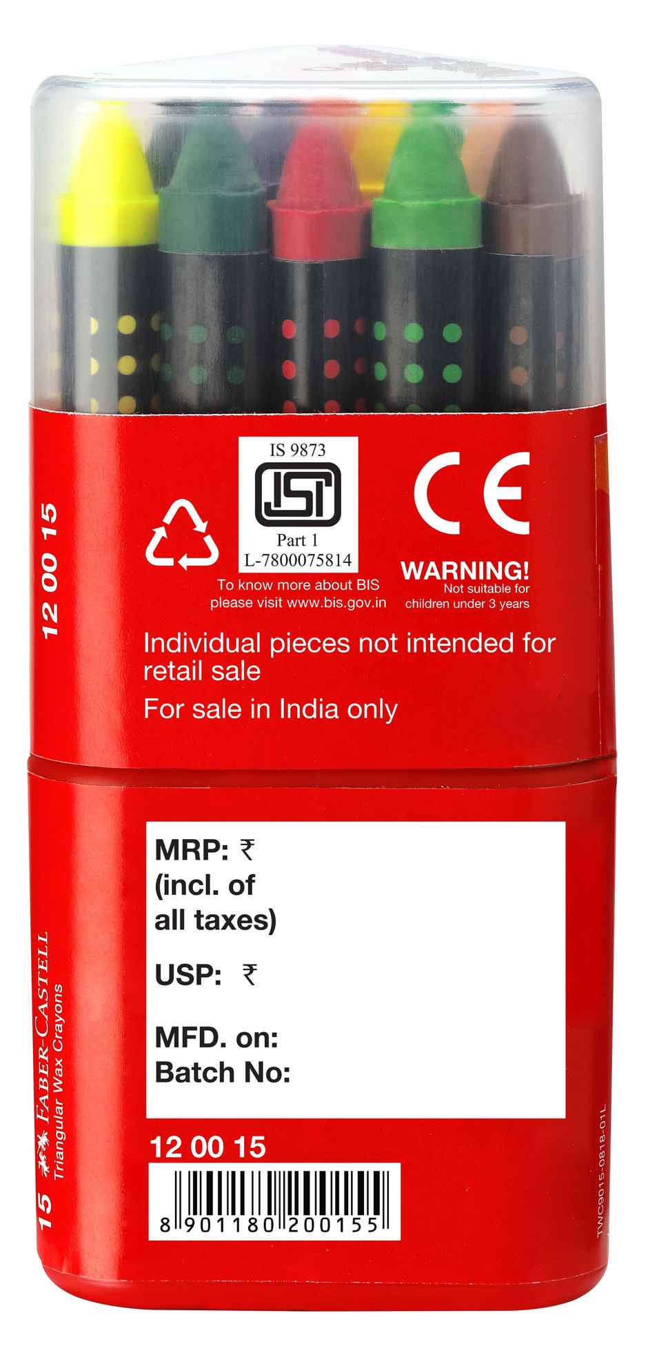 Faber-Castell Wax Crayon Triangular 90Mm Grip Pack Of 15