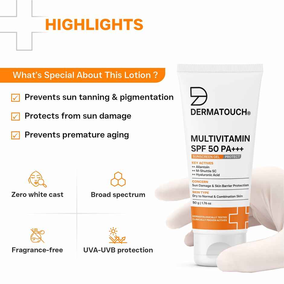 Dermatouch Multivitamin Spf 50 Pa+++ Sunscreen Gel Uva-Uvb Protection Zero White Cast Unisex