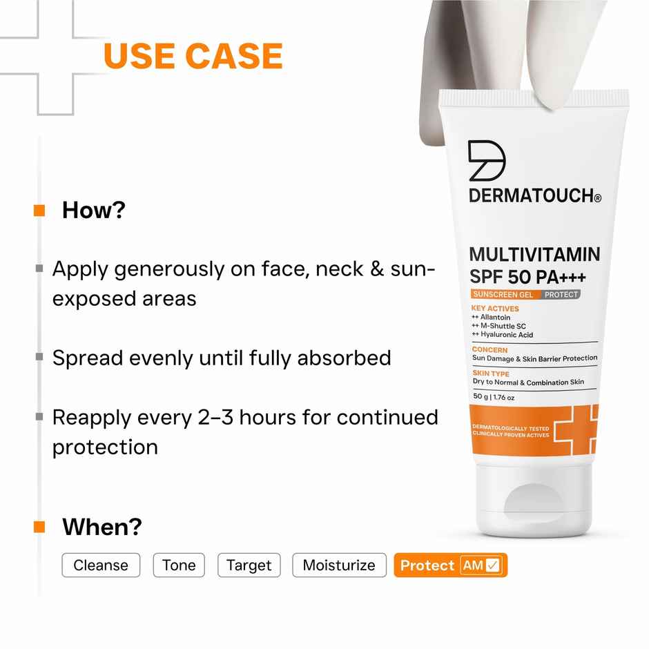 Dermatouch Multivitamin Spf 50 Pa+++ Sunscreen Gel Uva-Uvb Protection Zero White Cast Unisex