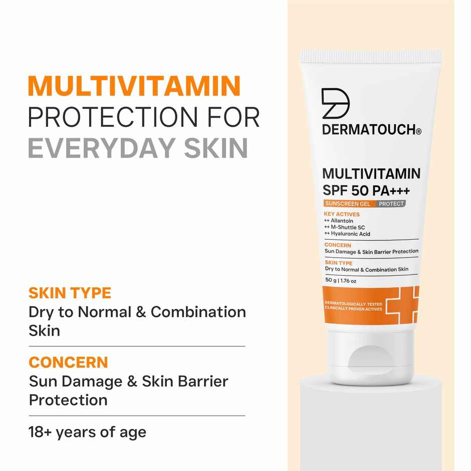 Dermatouch Multivitamin Spf 50 Pa+++ Sunscreen Gel Uva-Uvb Protection Zero White Cast Unisex