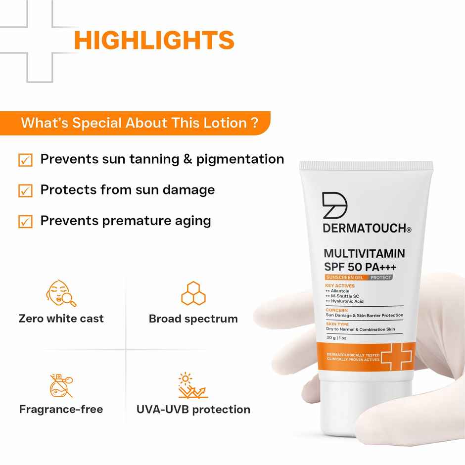 Dermatouch Multivitamin SPF 50 PA+++ Sunscreen Gel UVA-UVB Protection Zero White Cast Unisex