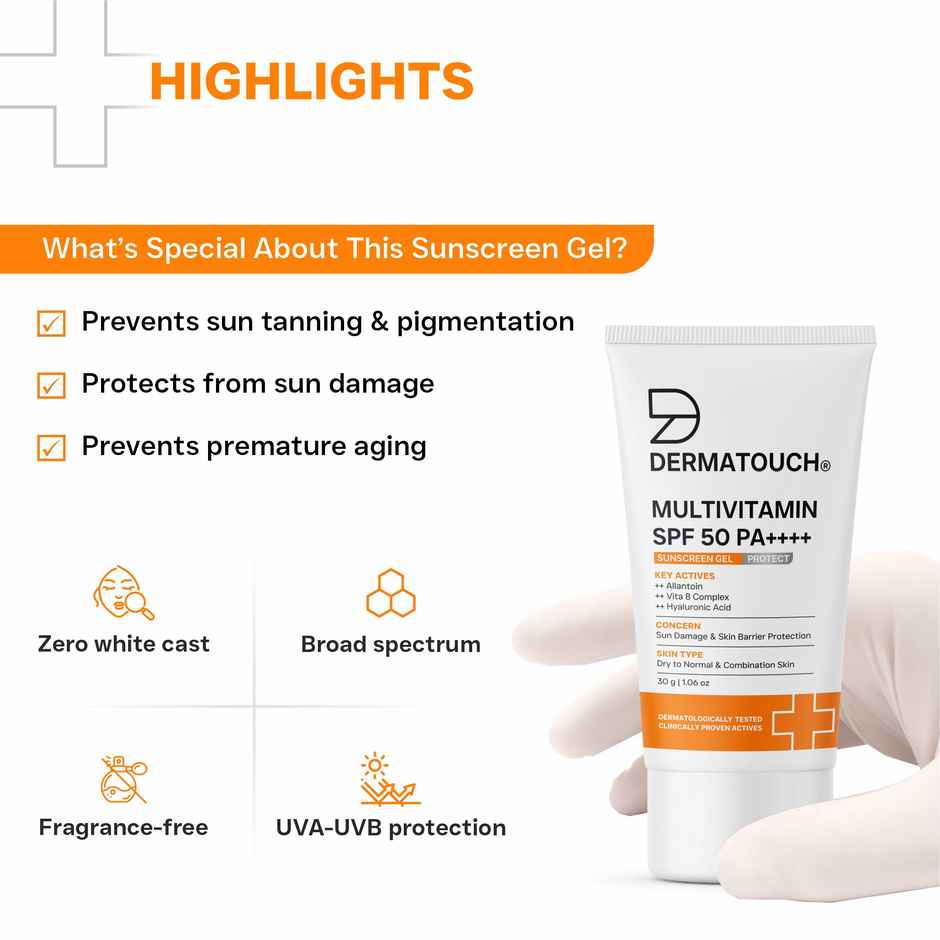 Dermatouch Multivitamin SPF 50 PA+++ Sunscreen Gel UVA-UVB Protection Zero White Cast Unisex