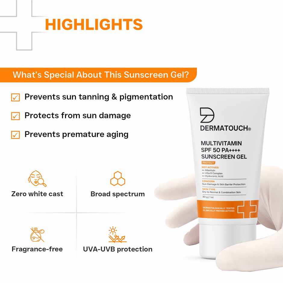 Dermatouch Multivitamin SPF 50 PA++++ Sunscreen Gel UVA-UVB Protection Zero White Cast Unisex
