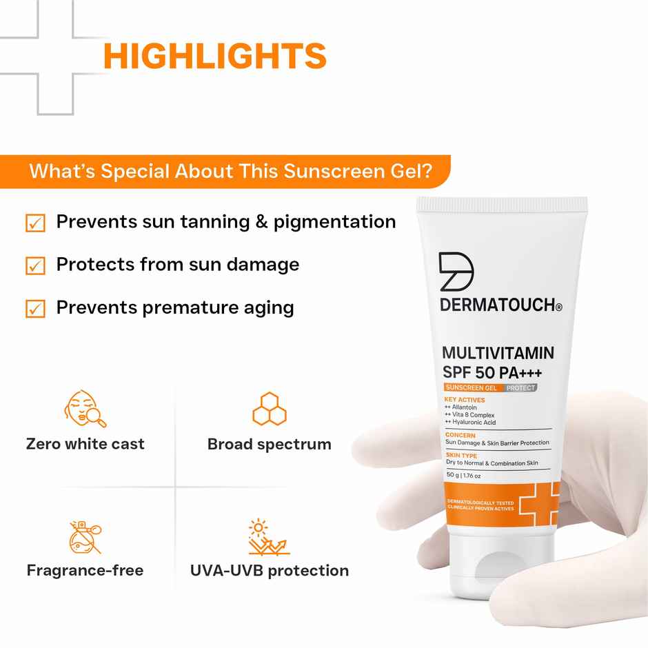 Dermatouch Multivitamin Spf 50 Pa+++ Sunscreen Gel Uva-Uvb Protection Zero White Cast Unisex