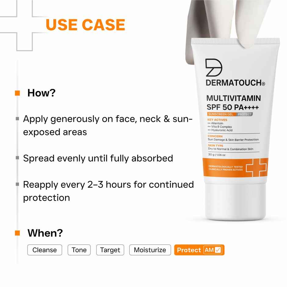 Dermatouch Multivitamin SPF 50 PA+++ Sunscreen Gel UVA-UVB Protection Zero White Cast Unisex