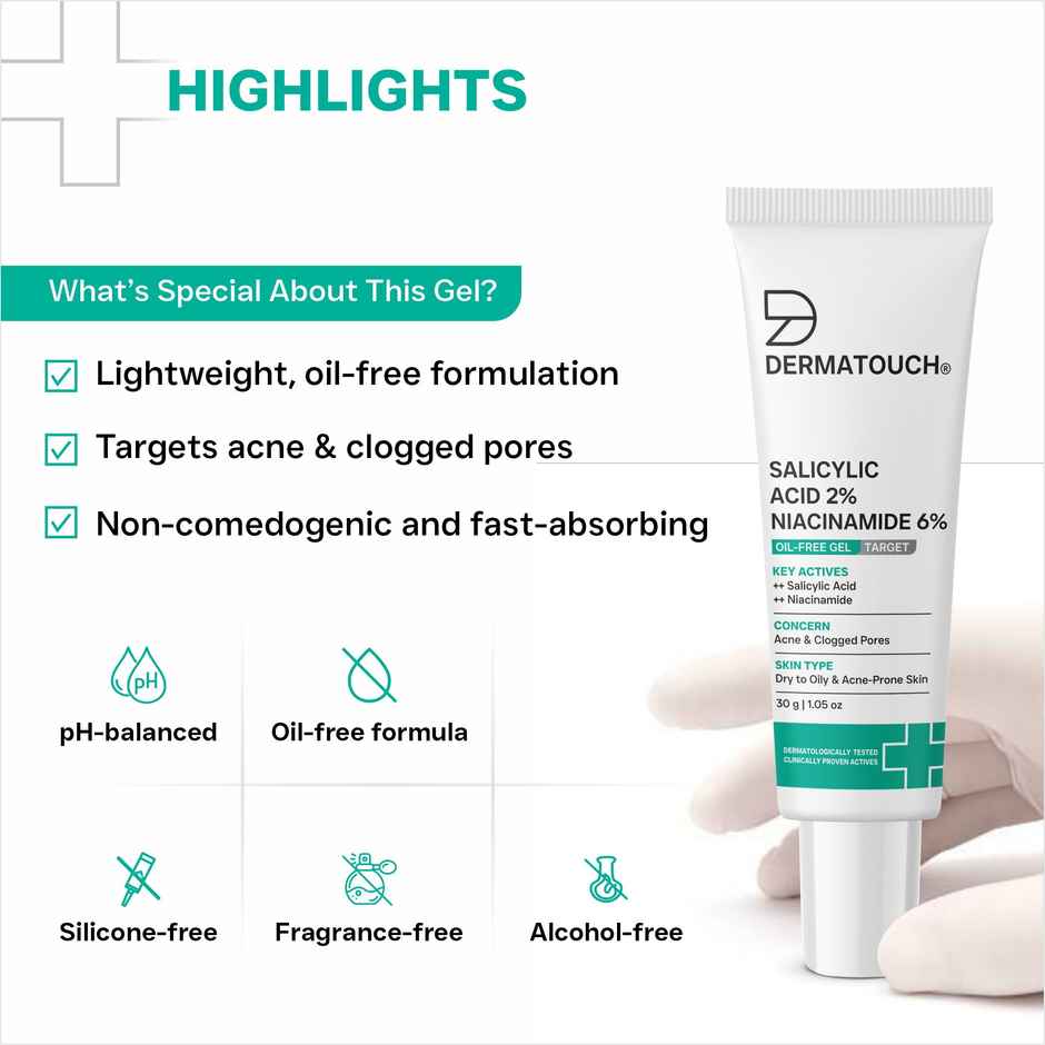 Dermatouch Salicylic Acid 2% Niacinamide 6% Anti-Acne Oil-Free Gel For Active Acne
