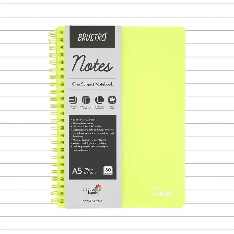 Brustro Notes A5 1 Subject Ruled Notebook | 160 Pages | 14.8 x 21 cm, 70Gsm Ivory Paper | Lime Cover
