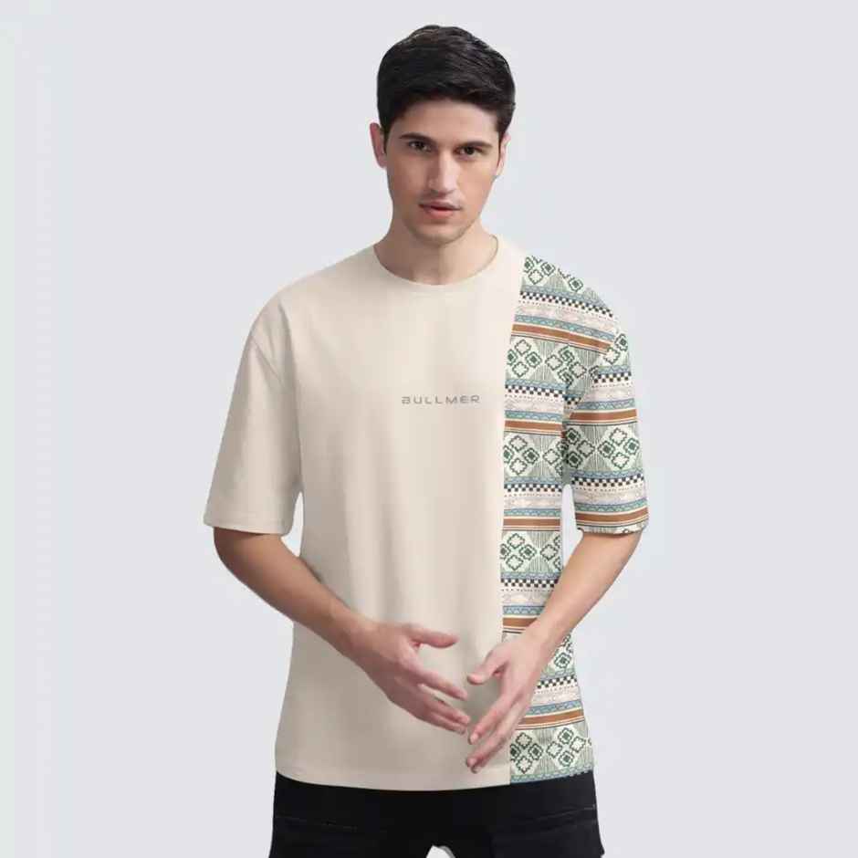 Bullmer Men's Oversized T-shirt Front and Back Printed | Beige | L