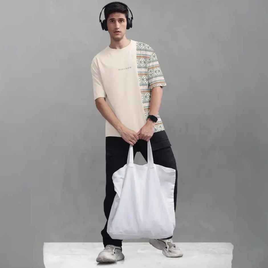 Bullmer Men's Oversized T-shirt Front and Back Printed | Beige | L