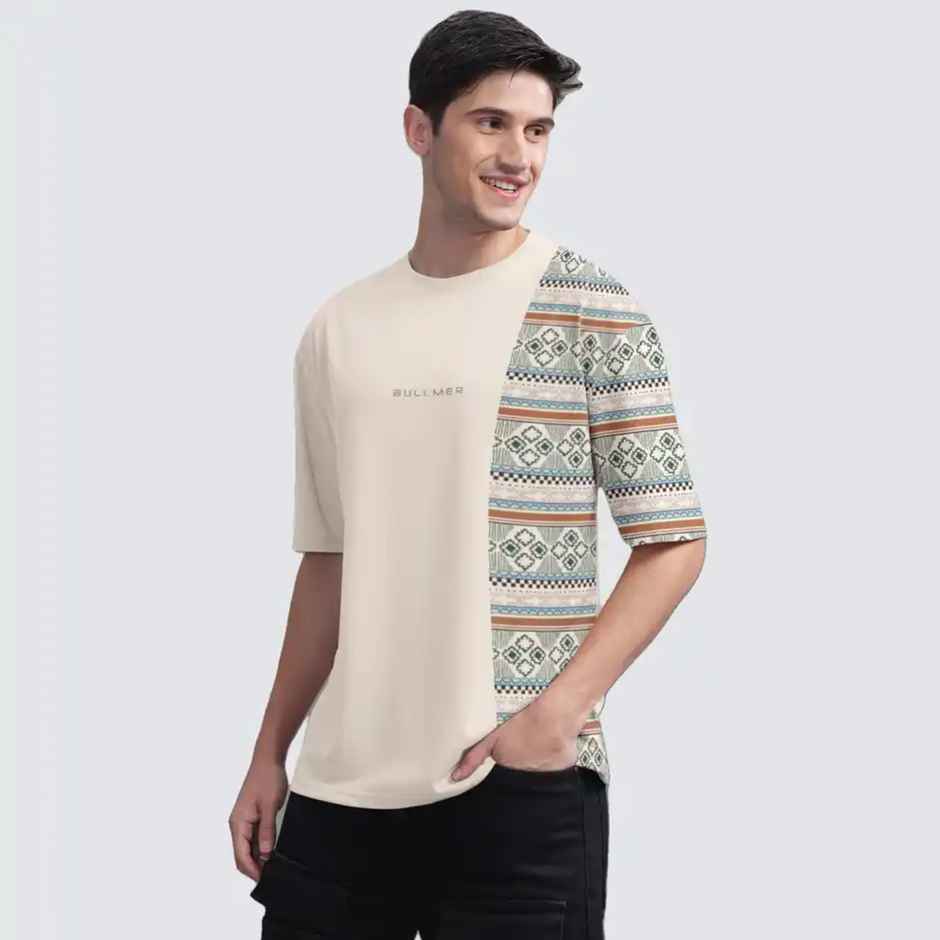 Bullmer Men's Oversized T-shirt Front and Back Printed | Beige | L