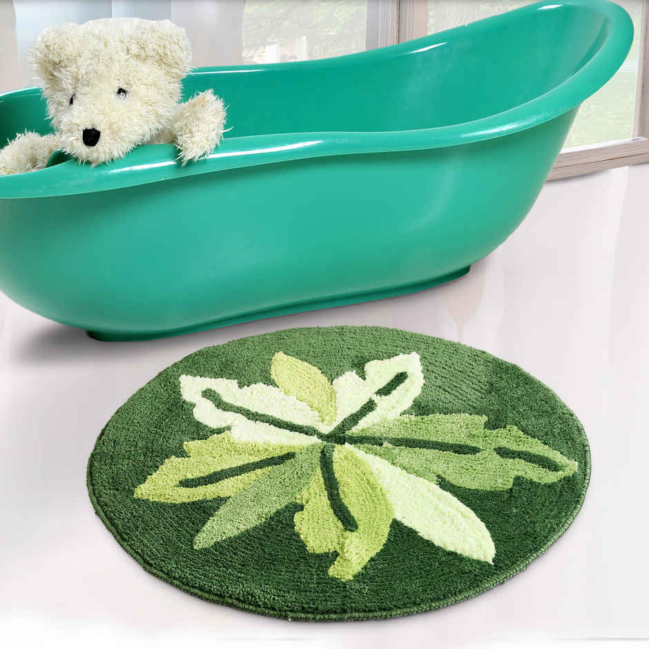 Saral Home Cotton Anti-Skid Round Leaf Bathmat | 60 x 60 cm | Green