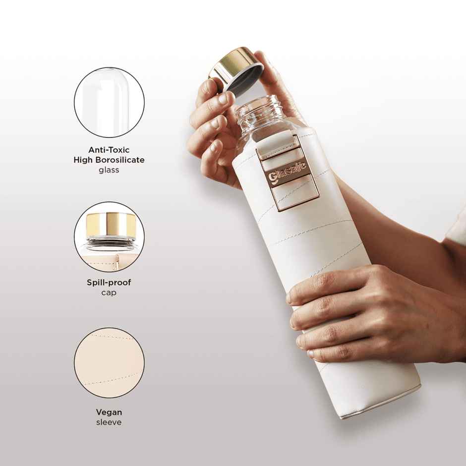 Glasafe Vego Sip Borosilicate Glass Bottle With Protective Vegan Sleeve | Bare Beige 750 ml
