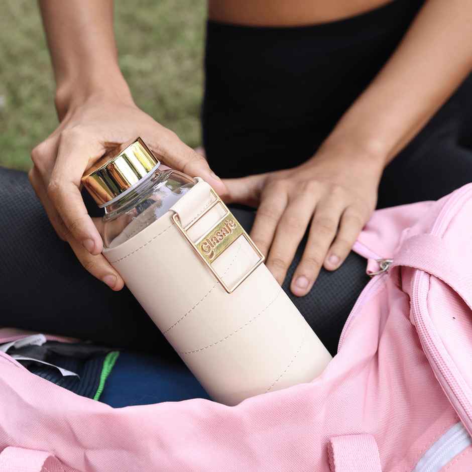 Glasafe Vego Sip Borosilicate Glass Bottle With Protective Vegan Sleeve | Bare Beige 750 ml