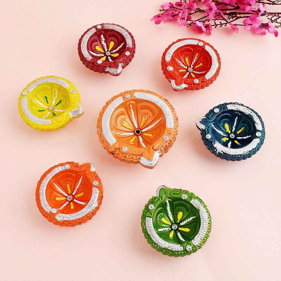 Designer Multicolor Clay Diya | 6+1 | Designer Diya | Satvik