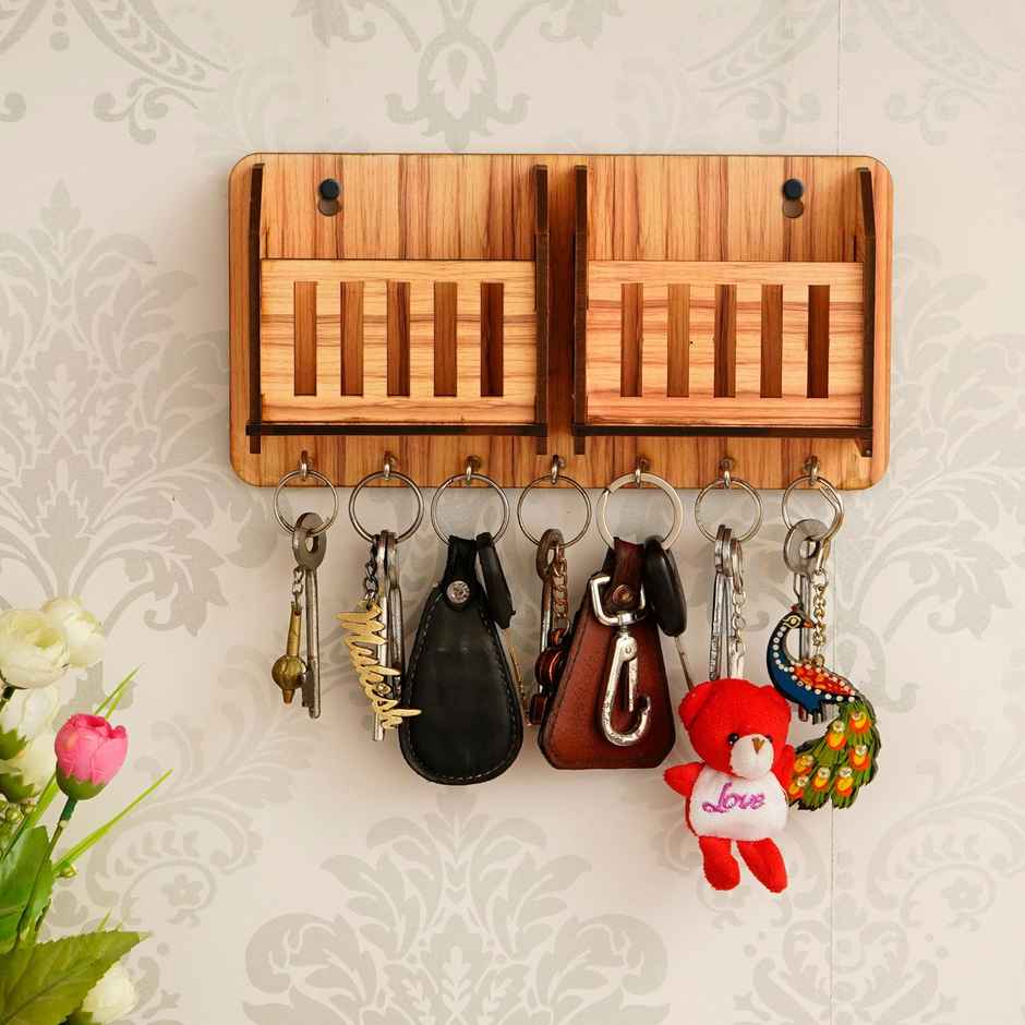 eCraftIndia Brown Multiutility 7 Hooks Wooden Key Holder And Mobile Holder