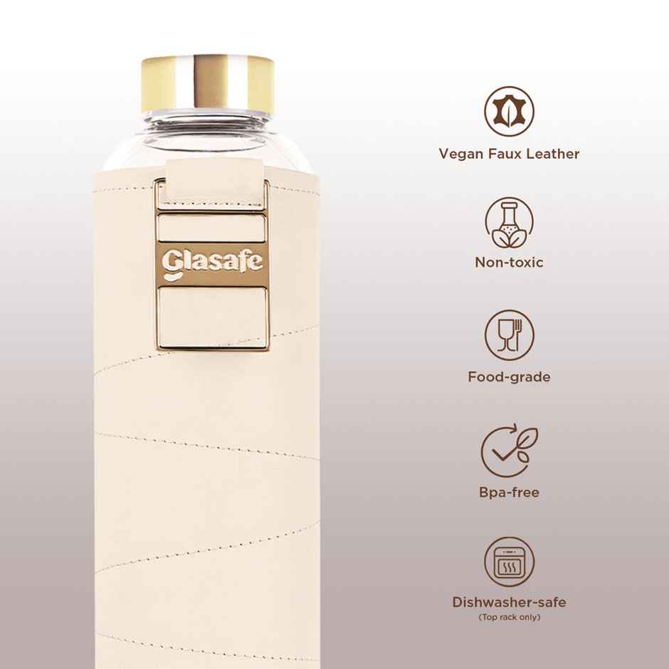Glasafe Vego Sip Borosilicate Glass Bottle With Protective Vegan Sleeve | Bare Beige 750 ml
