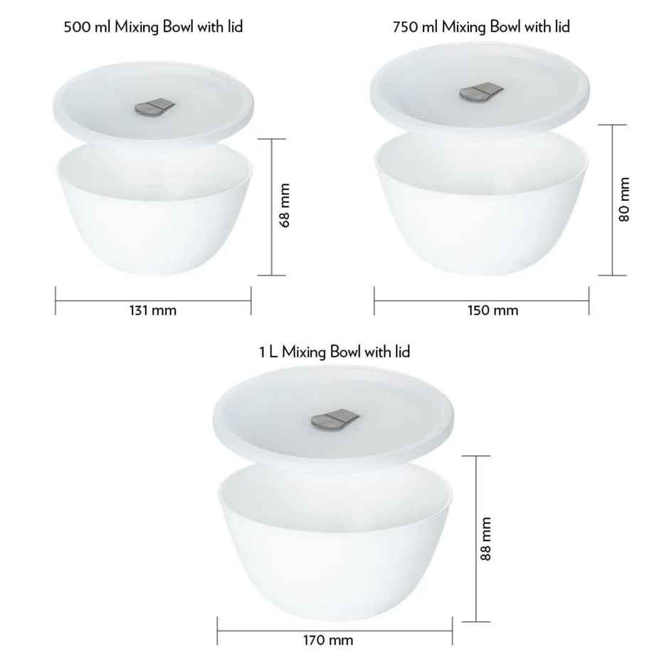 Larah By Borosil Opalware Mixing Bowl 6 Pcs Set With Lid (500Ml X 1 + 750Ml X 1 + 1000Ml X 1), White