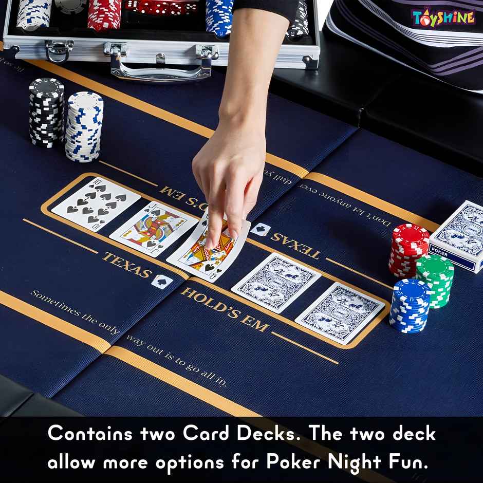 Toyshine Casino Style Poker Chips Set with Aluminum Finish Case, 2 Decks of Cards, 5 Dice, 1 Dealer Button - 300 Chip set