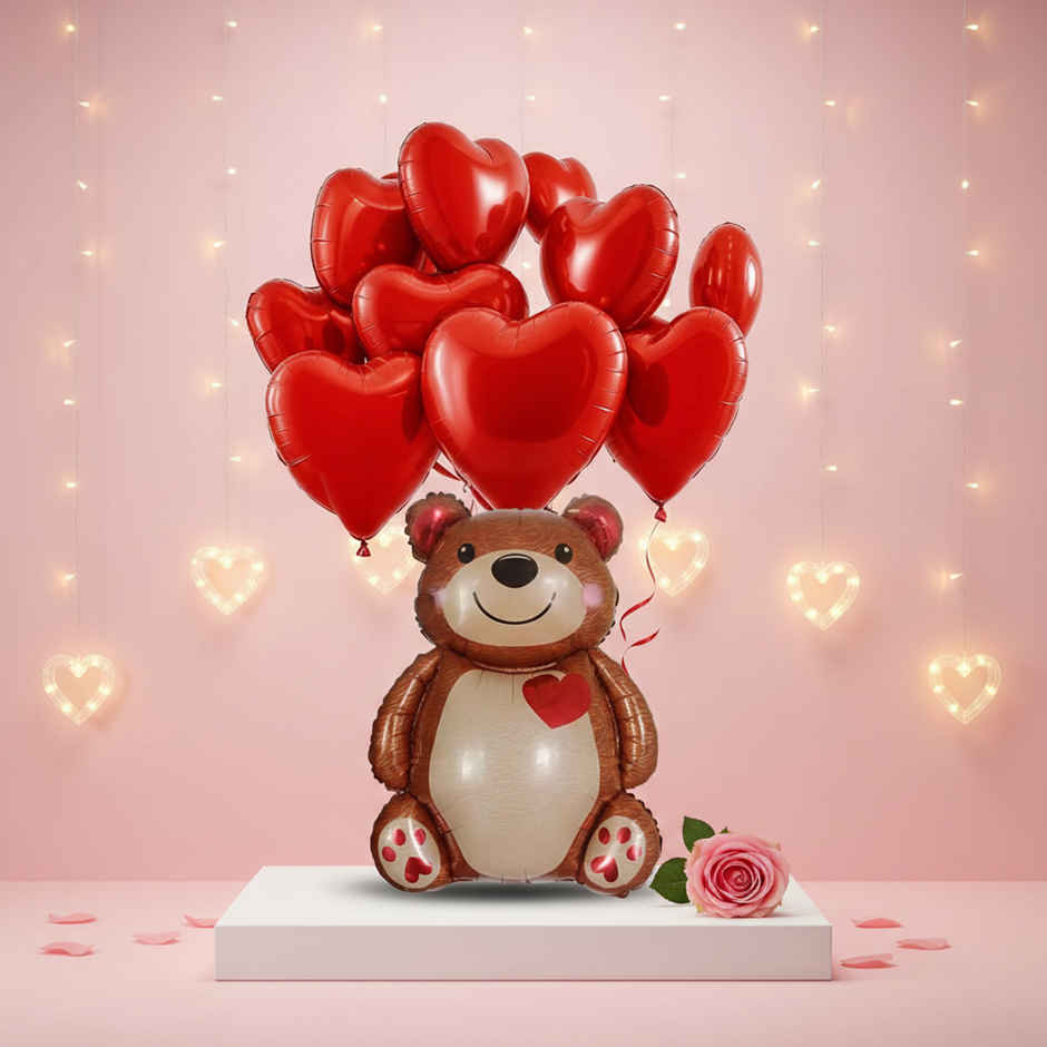 Happy Valentine Decoration with Red Heart and Teddy Foil Balloons | Party Propz